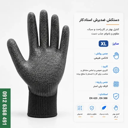 عکس دستکش ضد برش استاد کار با روکش لاتکس خاکستری و پارچه نخی مشکی