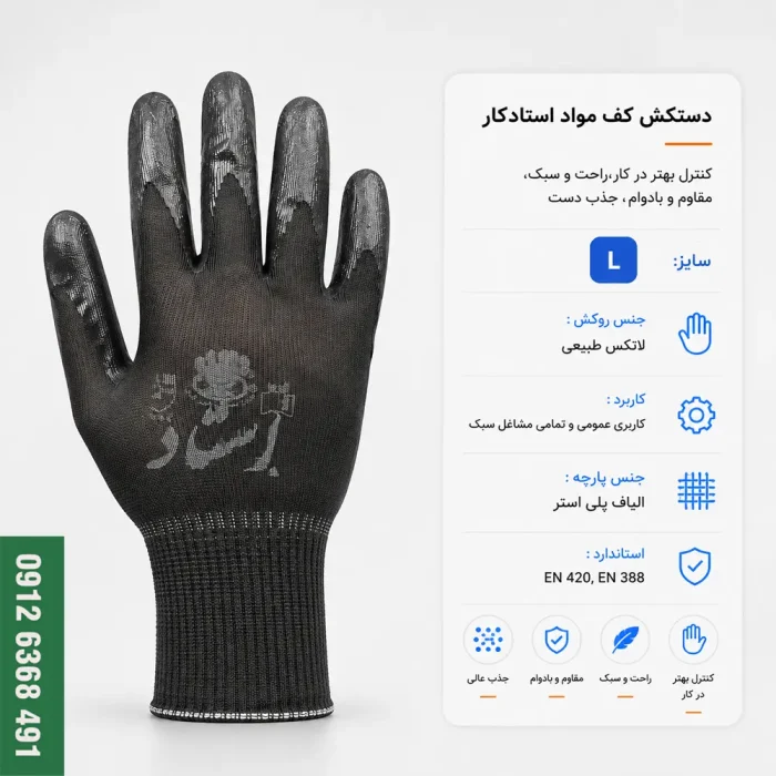 عکس دستکش کف مواد استادکار با روکش لاتکس خاکستری مناسب کارهای سبک و نیمه‌سنگین