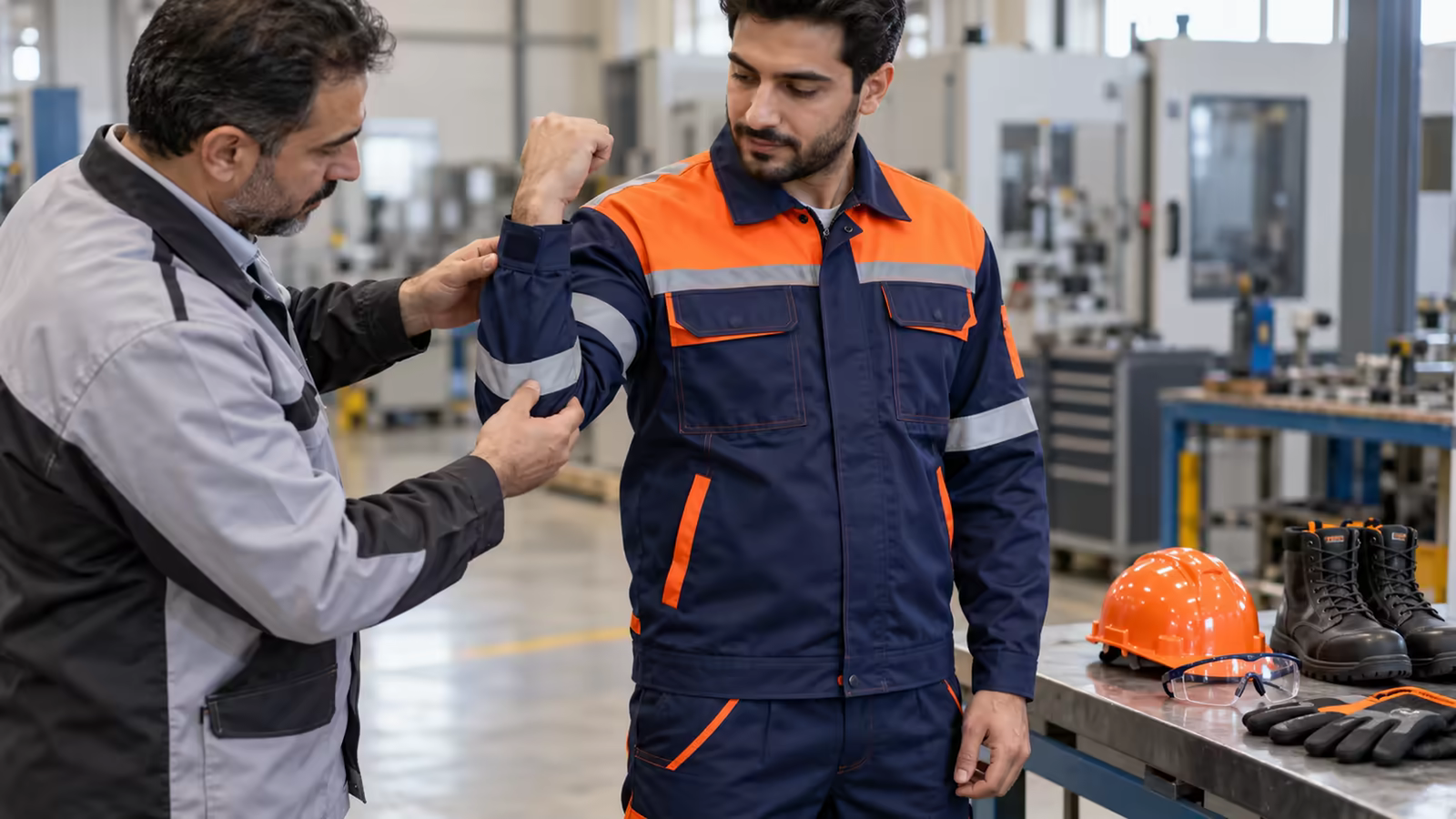 بررسی آزادی حرکت، سرآستین و نوار شبرنگ لباس کار همراه تجهیزات ایمنی